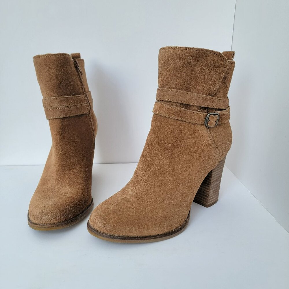Lucky Brand Women's Suede Latonya Zip up buckle detail Heel Ankle Boots Size 8.5